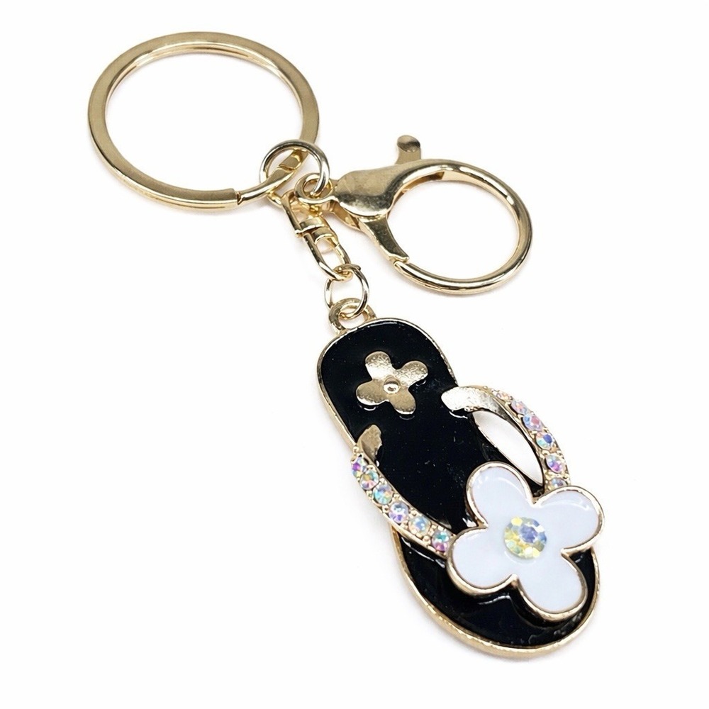 Black Flip Flop Sandal Bling Rhinestone Keychain Bag Purse Charm Backpack 4"